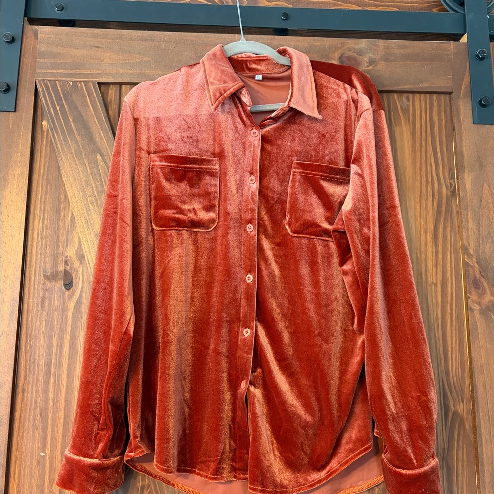 Velvet Button-Up Shirt in Rust